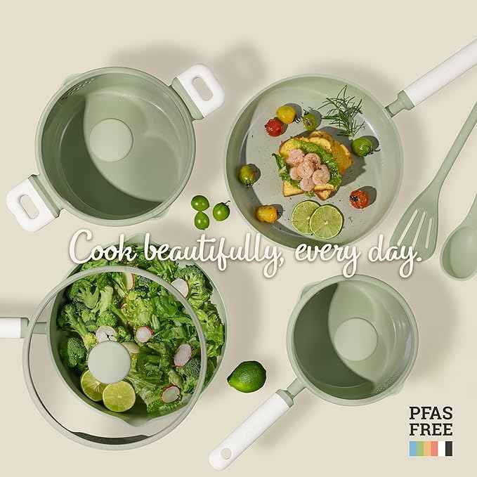 CAROTE Pots and Pans Set Non stick, 15pcs Ceramic Cookware Set Nonstick Non Toxic Cookware,Dishwasher,RV/Camping Cookware Set,Green