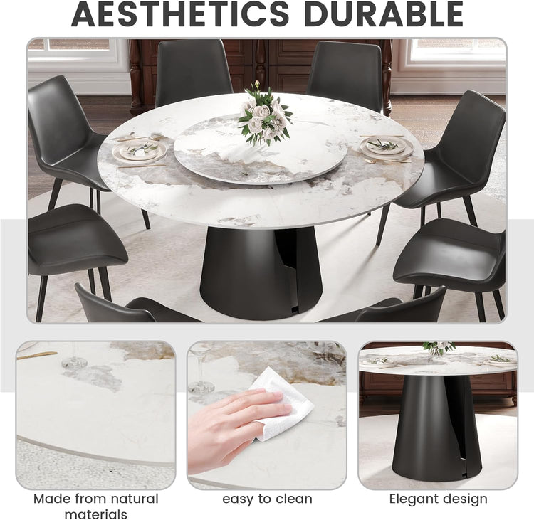 Montary 59" Modern Artificial Marble Round Dining Table with Black Carbon Steel Base & 31.5" White Sintered Stone Turntable, Dining Room Table with Lazy Susan for 6-8 (Only Table)