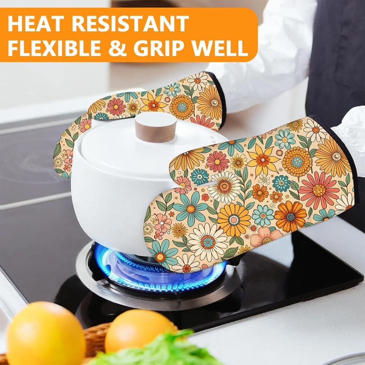 Boho Floral Oven Mitts and Pot Holders Sets 4Pcs,Extra Long Oven Gloves Potholder for Kitchen Cooking Baking BBQ 100% Cotton Heat Resistant