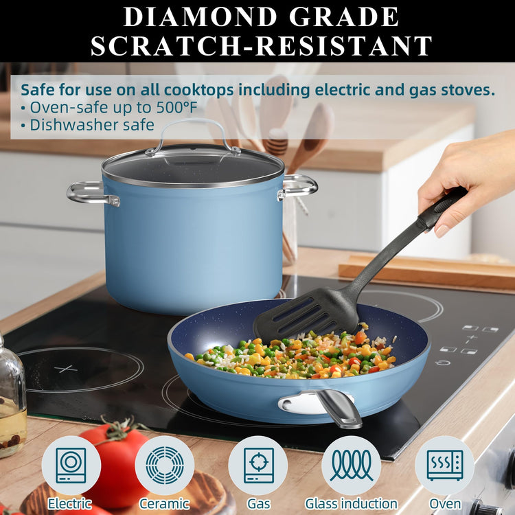 9pc Cookware Set Healthy Duralon Blue Ceramic Nonstick Coated