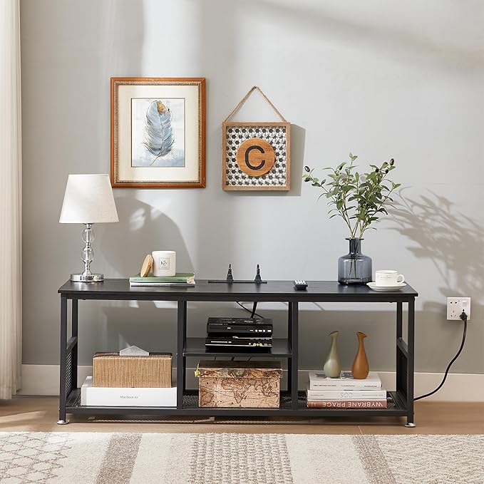 VECELO TV Stand with Power Outlets for Televisions up to 55 Inch, 47" Media Entertainment Center with Charging Station 3-Tier Open Storage Shelves with Metal Frame for Living Room/Bedroom,Black