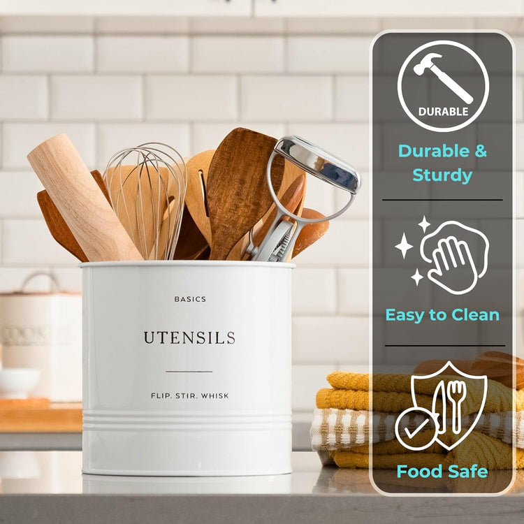 D'Lifeful Kitchen Utensil Holder for Countertop - 7" x 7" Large Utensil Holder for Kitchen Counter - Farmhouse Spatula & Cooking Tools Organizer - White Metal Crock for Modern Aesthetics