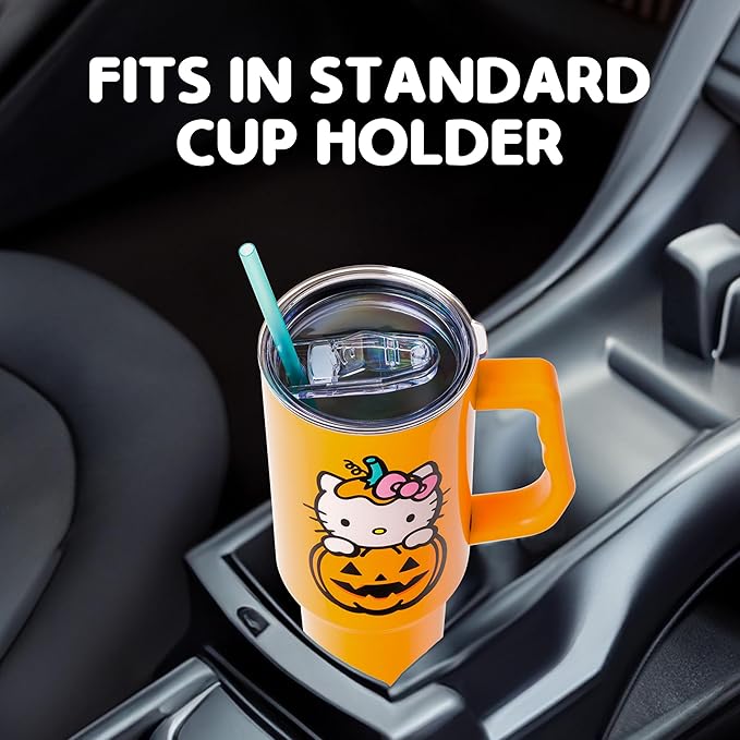 Silver Buffalo Sanrio Hello Kitty Halloween Jack-O-Lantern Double Walled Stainless Steel Tumbler with Handle and Straw, Fits in Standard Cup Holder, 40 Ounces