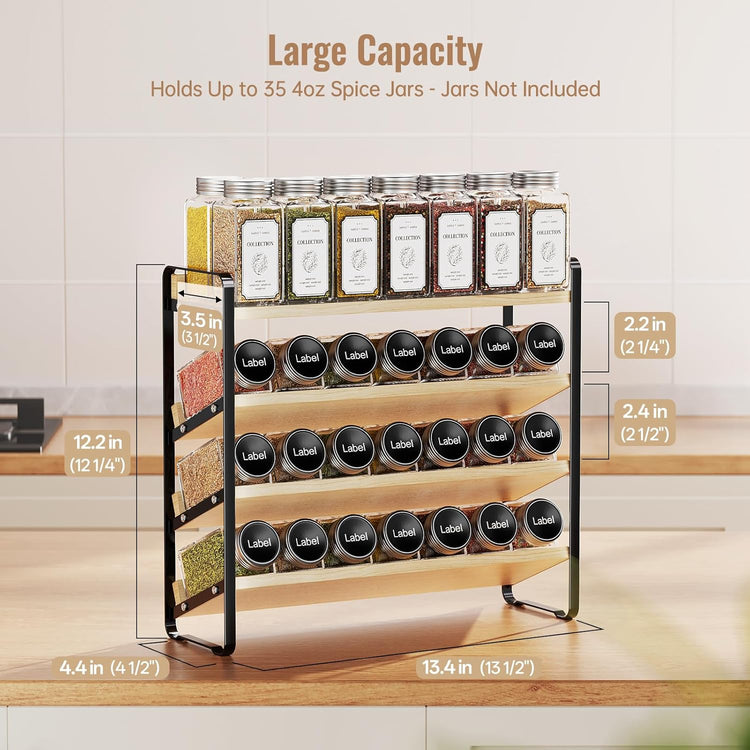 MUDEELA 4 Tier Spice Rack Organizer for Cabinet, Wooden Vertical Spice Shelf, Seasoning Organizer for Countertop, Kitchen, Pantry, Freestanding, 13.4" W × 11.2" H (No Jars Included), Black