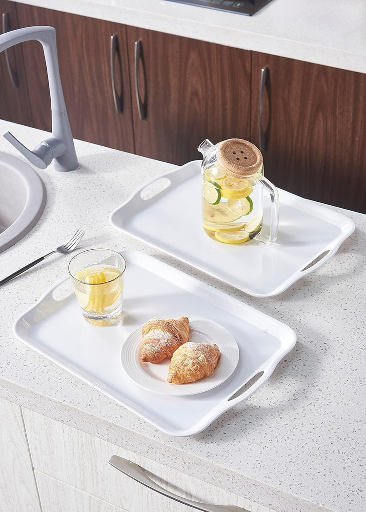 Blue Boat 16.5" x 11.5" Serving Trays Set of 4 White, Dinner Tray, Light Weight Easy to Clean Sturdy Stackable Melamine Serving Tray with Handle, Fruit, Snacks, and Desserts Trays