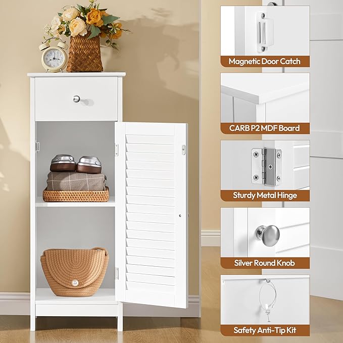 Yaheetech Bathroom Floor Storage Cabinet, Freestanding Side Table Storage Organizer Unit with Drawer and Single Shutter Door, D11.8xW12.6xH34.3 Inches
