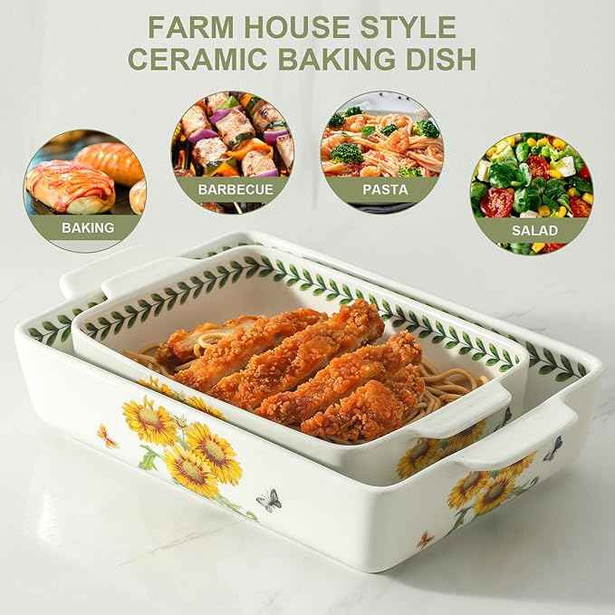 Ceramic Sunflower Baking Casserole Dish with Handles,Large 2 pieces 8x13 inch & 6x10 inch Lasagna Baking Dish and Middle Flower Andplant Baking Pan,Porcelain Serving Bakeware Set