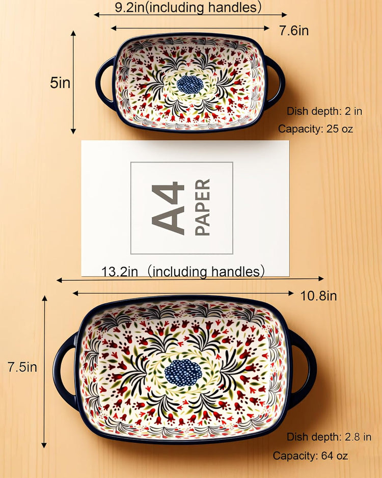 Polish Pottery Style Ceramic Baking Dish Set of 2 – Decorative Casserole Dishes with Handles, Cute Oven-Safe Lasagna Bakeware Gift Set