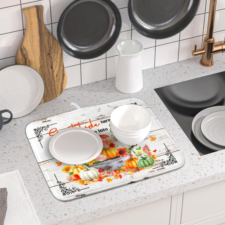Fall Dish Drying Mats for Kitchen Counter Absorbent Autumn Dish Drainer Pad Home Decor