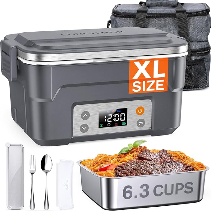 EAST OAK XL 6.3-Cup Cordless Electric Lunch Box for Adults, Heated Lunch Box for Men with Scheduled Heating, Portable Car Food Warmer with Utensils, Two-Tier Bag, Removable Divider