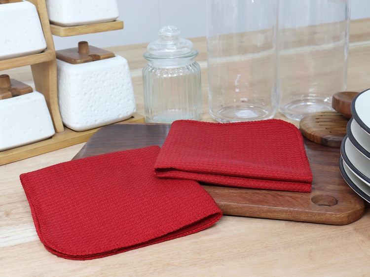 PurpleEssences Dish Cloths and Dish Rags - 8 Pack Waffle Weave Solid Kitchen Dish Wash Cloths, 100% Cotton, 12 x 12 Inches, Ultra Soft Absorbent Quick Drying - Red - Nestoria