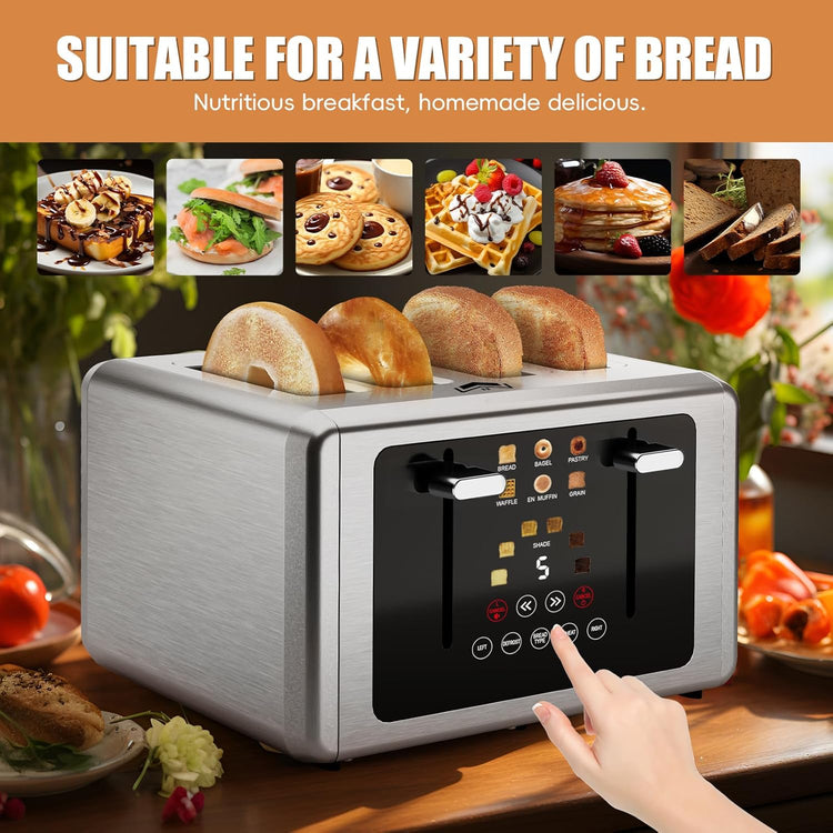 4 Slice Toaster, Touchscreen & Dual Independent Control Panel,5 Basic Functions & Digital Countdown Toasters, 6 Shade Settings&6 Bread Types, Smart Bread Maker Mute/Screen-Off,Platinum