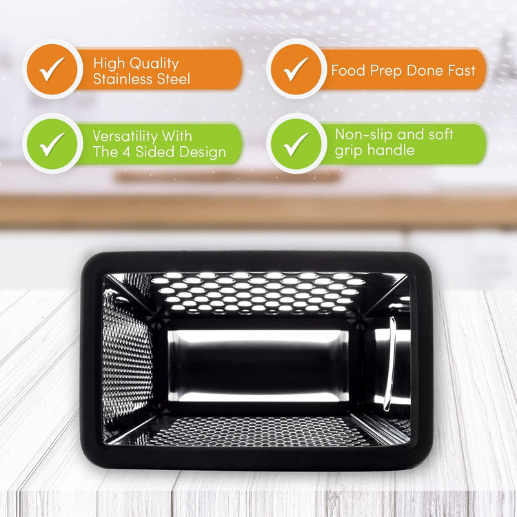 Spring Chef Professional 10" Parmesan Cheese Grater With Container, Stainless Steel & Soft Grip Handle, 4 Sided Kitchen Cheese Shredder, Handheld Box Grater for Vegetables, Potato, Carrot - Black