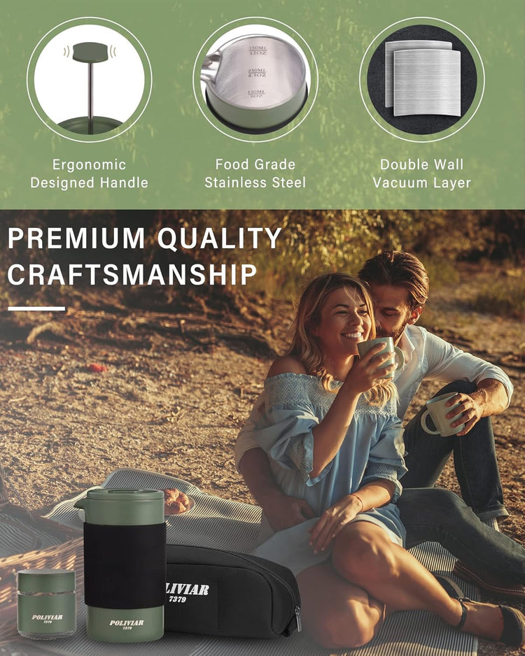 POLIVIAR French Press Coffee Maker, 12 oz Portable French Press with Mini Canister and Collection Bag, Double Wall Insulation & Dual- Filter Screen, Food Grade Stainless Steel for Coffee