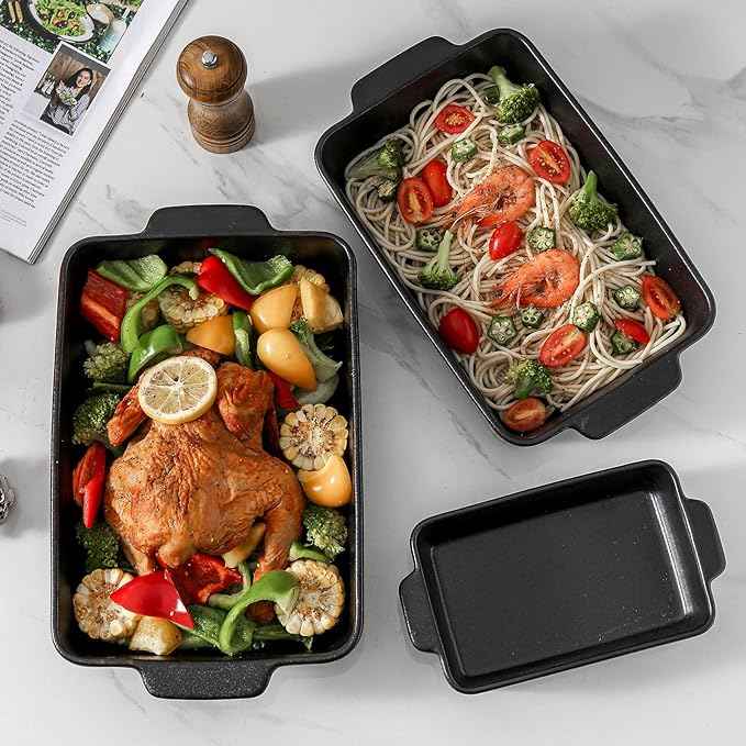 KOOV Bakeware Set, Ceramic Baking Dish, Rectangular Baking Pans Set, Casserole Dish for Cooking, Cake Dinner, Kitchen 9 x 13 Inches, 3-Piece, Stripe Series (Rough Black)