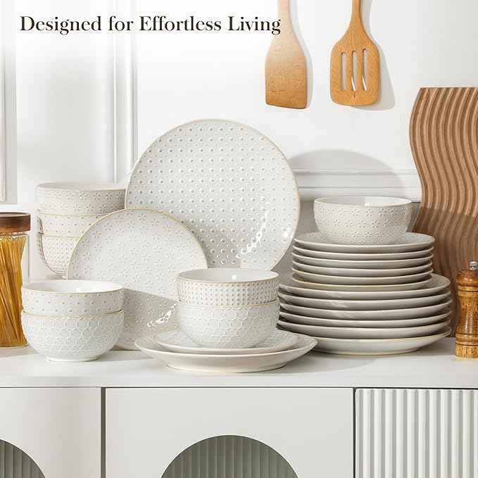 MALACASA 24 Piece Dinnerware Set, Embossed Ceramic Dish Sets Service for 8, Plates and Bowls Set, Durable Stoneware Tableware for Family Dinners, Dishwasher & Microwave Safe