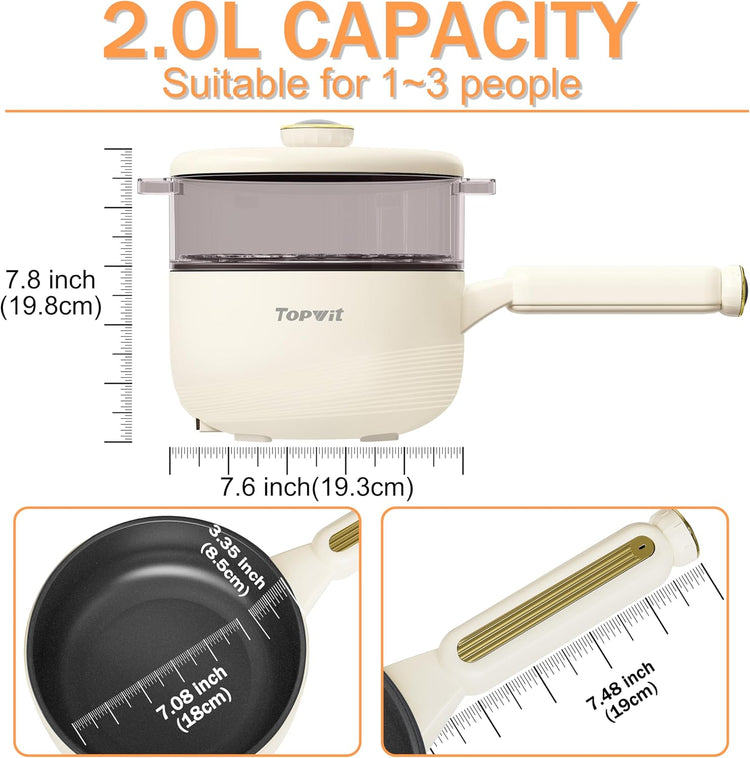 TOPWIT Hot Pot Electric with Steamer, 2L Multifunctional Electric Pot, Non-Stick Sauté Pan, Portable Pot for Steak, Fried Rice, Ramen, Soup with Dual Power Control (Silicone Spatula Included), Beige