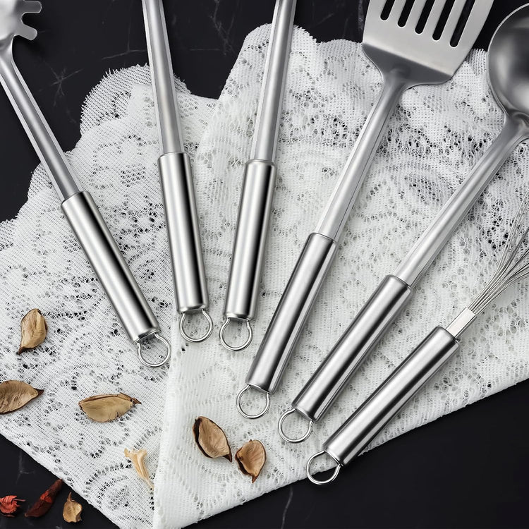 6-Piece Kitchen Cooking Utensils Set, Stainless Steel Kitchen Utensils with Suspendable Handle, Spatula, Slotted Turner, Soup Ladle, Slotted Spoon, Whisk, Pasta Server, Dishwasher Safe