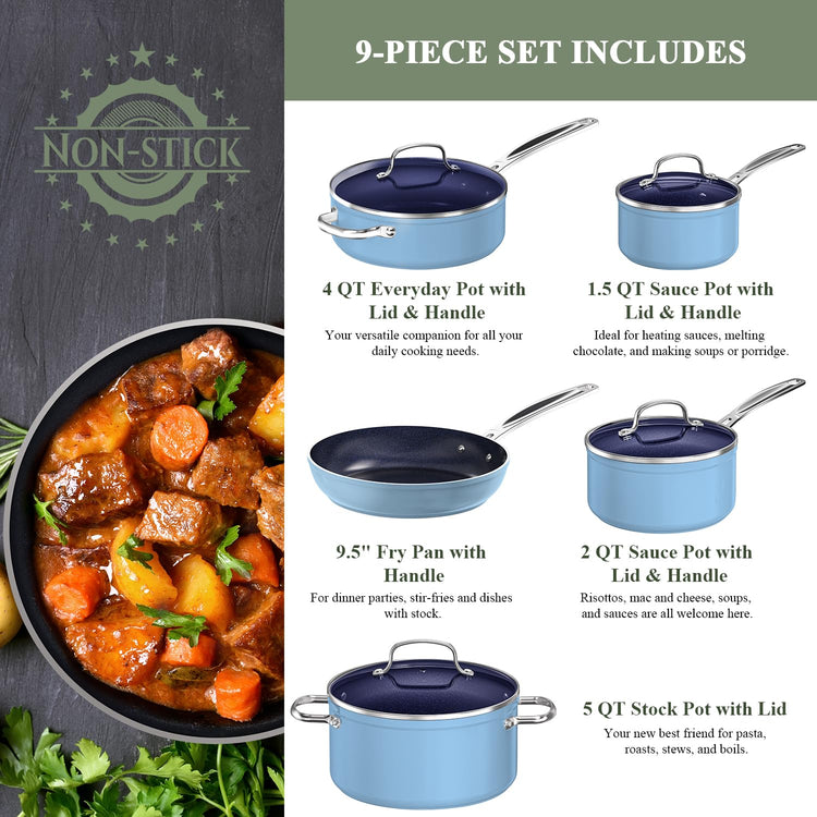 9pc Cookware Set Healthy Duralon Blue Ceramic Nonstick Coated