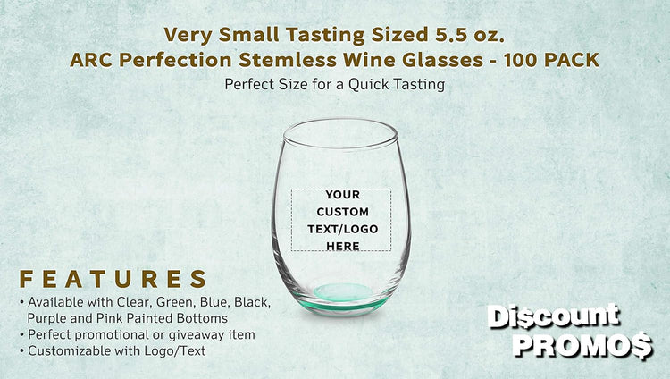 Custom Stemless Wine Glasses by ARC 5.5 oz. Set of 100, Personalized Bulk Pack - Perfect for Hotel, Bar, Restaurant or Lounge - Green