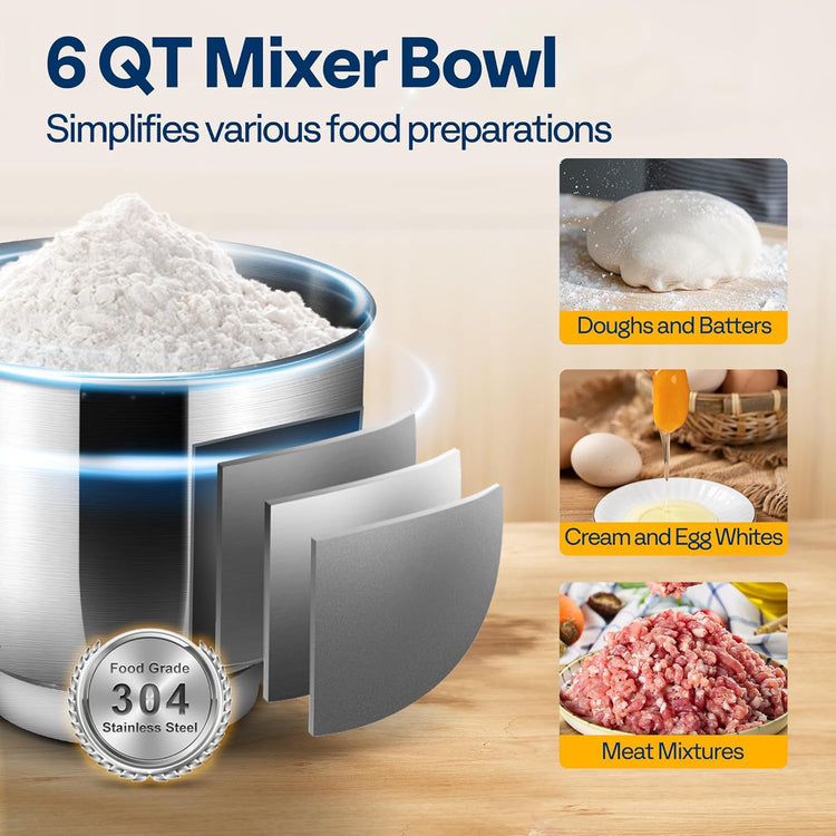 VIVOHOME 3 in 1 Multifunctional Stand Mixer with 6 Quart Stainless Steel Bowl, 650W 6 Speed Tilt-Head Meat Grinder, Juice Blender, Black