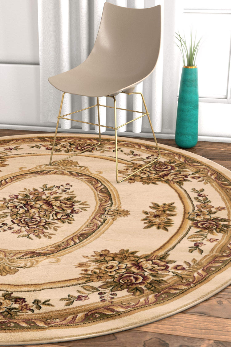 Timeless Collection Le Petit Palais Ivory 8' Foot Round Luxurious Traditional French Medallion Oriental Area Rug Perfect for Living Room Bedroom or Dining Room Easy