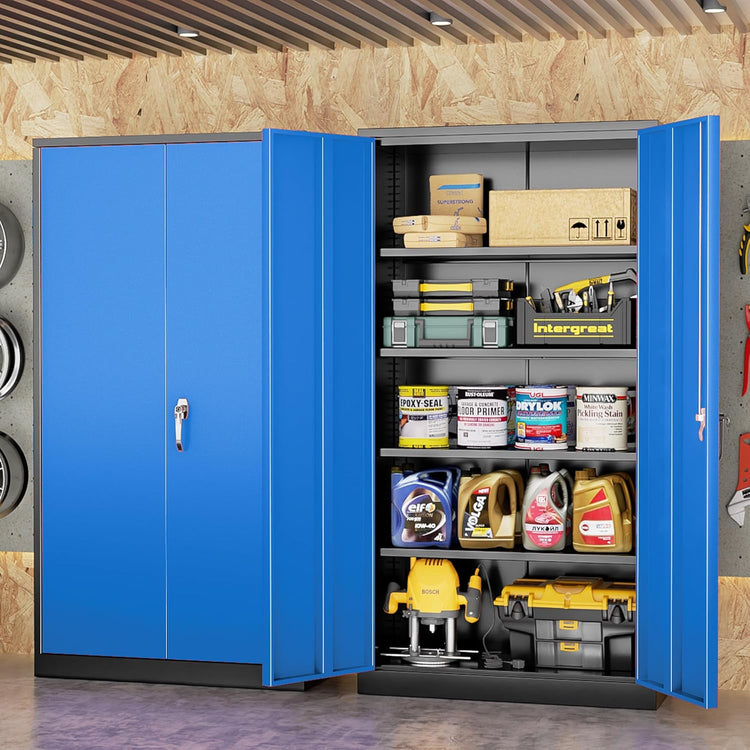 INTERGREAT Metal Storage Cabinets 72” Black Blue Garage Steel Storage Cabinet with Doors and Shelves, Steel File Cabinet for Home Office, Basement, Warehouse, Classroom(Anti Tipping)