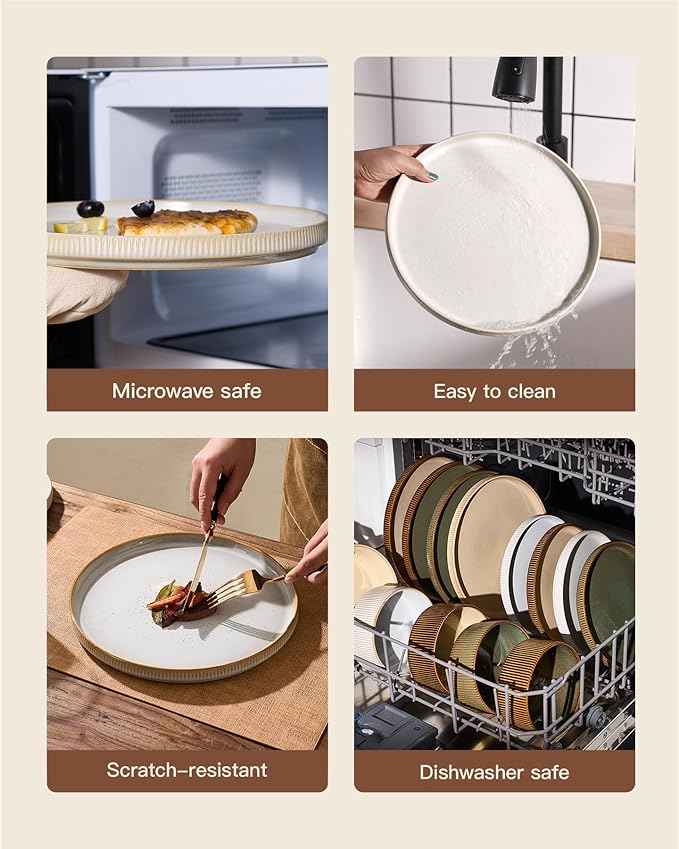 Stoneware Plates and Bowls Dishes Sets for 6 (18-Piece), Famiware Premium Handcrafted Reactive Glaze Dinnerware Set with Raised Rim, Scratch Resistant, Microwave Dishwasher Safe, Cappuccino White