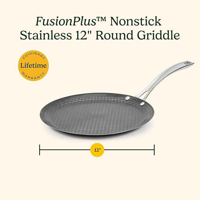 Cuisinart FusionPlus Hybrid Nonstick Stainless Steel Cookware, 12-Inch Round Griddle Pan with PFAS-Free PURELYSEAR Ceramic Technology, Scratch Proof, Cool Grip Handles, Dishwasher Safe