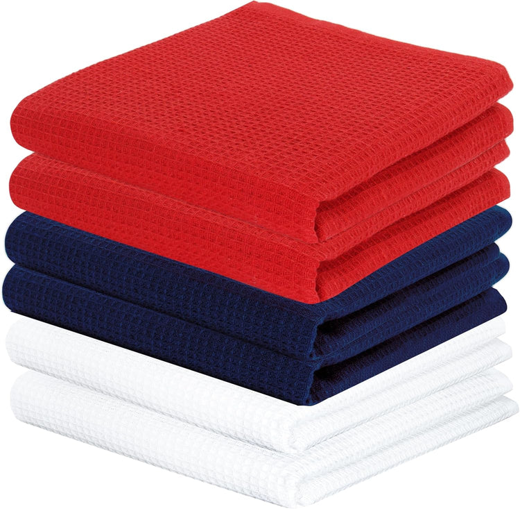 PurpleEssences 4th of July Waffle Weave Kitchen Towel, 100% Cotton - 15 x 25 Inches, with Hanging Loop Ultra Soft Absorbent Quick Drying Dish Cloth, Tea & Hand Towels, 6 Pack Labor Day Red Blue White - Nestoria