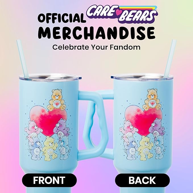 Silver Buffalo Care Bears Watercolor Featuring Tenderheart, Cheer, Grumpy, Funshine, Bedtime, Share Bear Double Walled Stainless Steel Tumbler w Handle & Straw, Fits in Standard Cup Holder, 40 Ounces