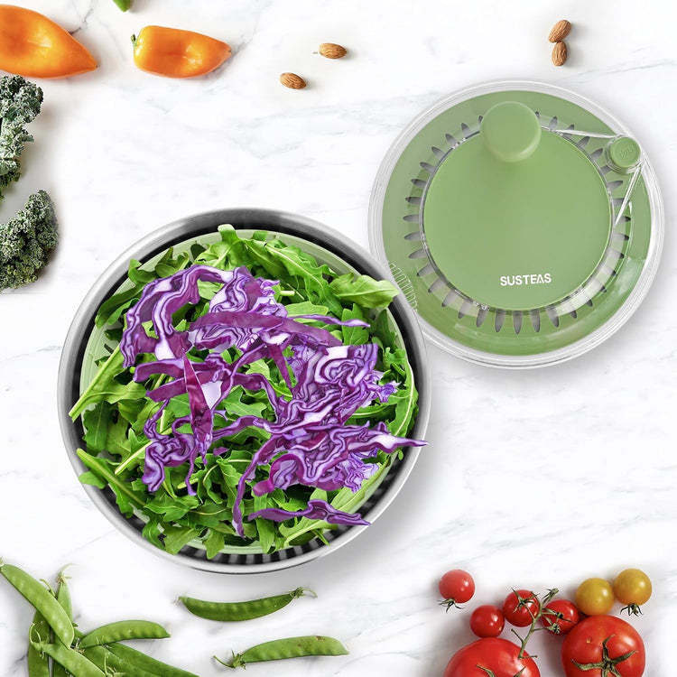 SUSTEAS Stainless Steel Salad Spinner, Lettuce Spinner with Non-Slip Base, Drainage Hole, Stop Button, Vegetable Dryer, Fruit Washer, BPA-Free, Dishwasher Safe, 4.25Qt