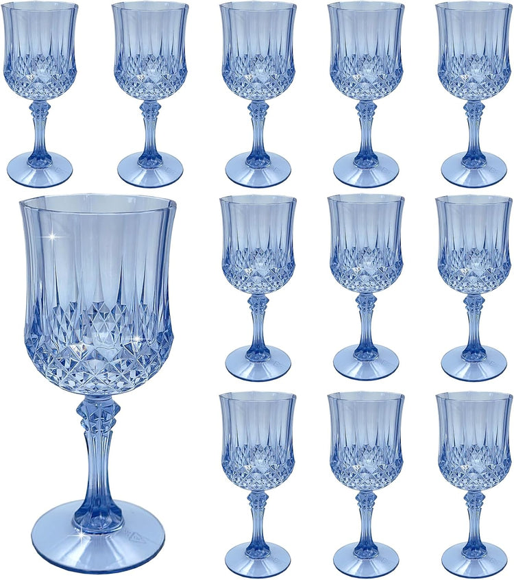 Plastic Wine Glasses,Plastic Goblets Vintage Style Cordial Drinking Glasses for Wedding Reception, Grand Event Party Supplies (12, Blue)