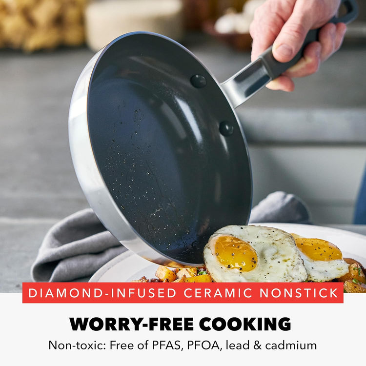 GreenPan x Bobby Flay Stainless Steel 8” & 10” Frying Pan Skillet Set, Professional Grade Tri-Ply, Multiclad, PFAS-Free Ceramic Nonstick, Induction Suitable, Dishwasher & Oven Safe, Stay Cool Handle - Nestoria