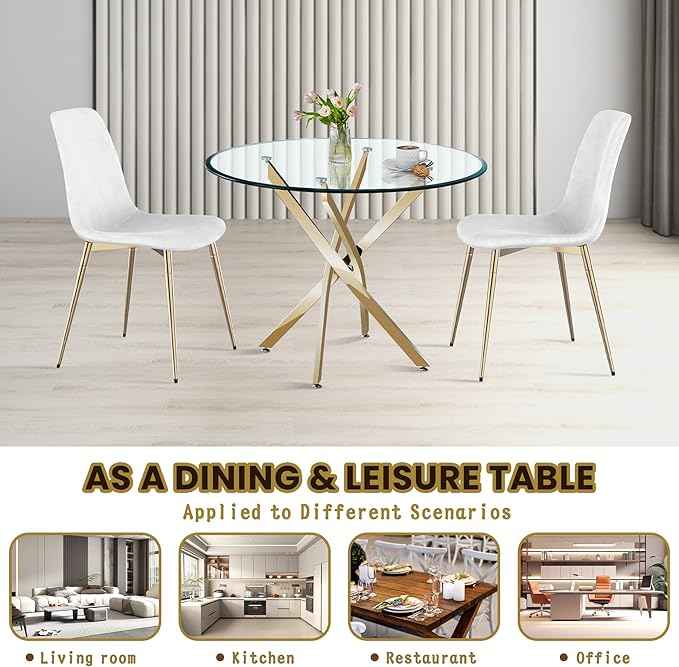 AF ARTISAN FURNITURE 36" Round Glass Dining Table Set for 4, 5-Piece Modern Kitchen Table with 4 Black Velvet Chairs, Modern Circle Leisure Table for Home Office Dining Room Small Spaces (Gold Leg)