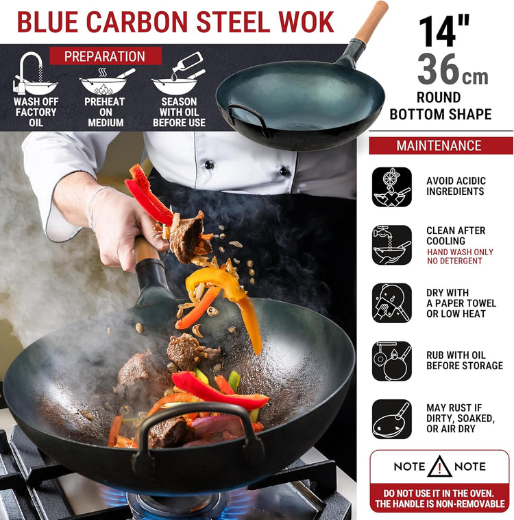 YOSUKATA 14” Round Bottom Carbon Steel Wok Pan – Blue Pre-Seasoned Pow Wok for Stir Fry, BBQ, Grill & Camping – Traditional Japanese & Chinese Cookware – Compatible with Gas Stoves & Open Fire Only