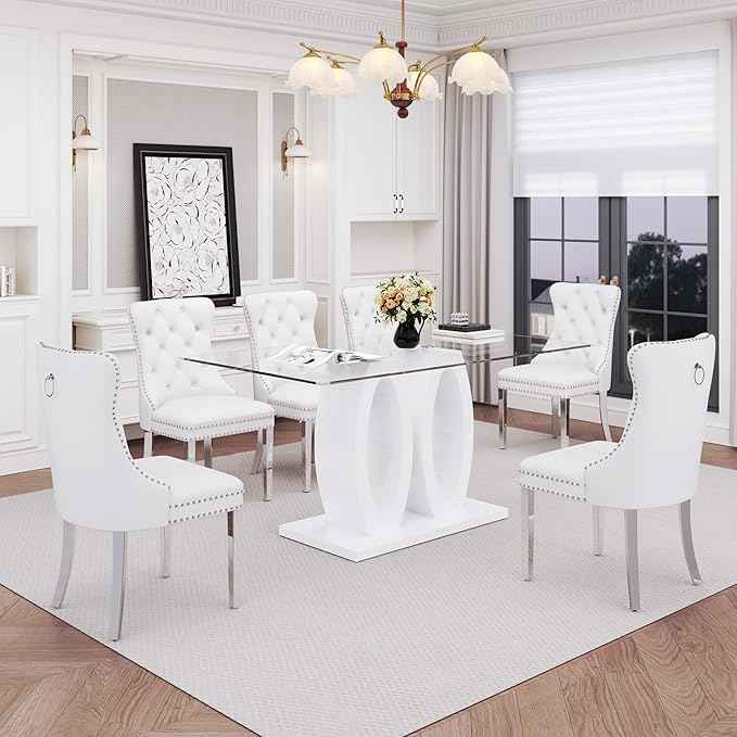 63" Glass Dining Table Set for 6, 7-Piece Rectangular Kitchen Table with Tempered Glass Top, White Double O-Shaped MDF Base, and 6 White Velvet Upholstered Chairs for Dining Room, Living Room, Office