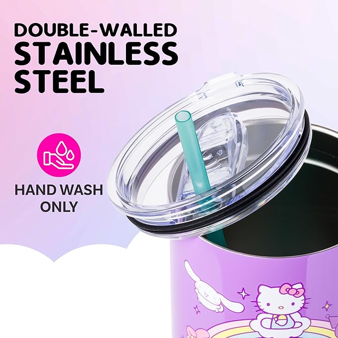 Silver Buffalo Sanrio Hello Kitty and Friends Featuring My Melody, Cinnamoroll, Kuromi, Chococat, Badtz-Maru, Keroppi, and Pompompurin Double Walled Stainless Steel Tumbler with Handle, 40 Ounces