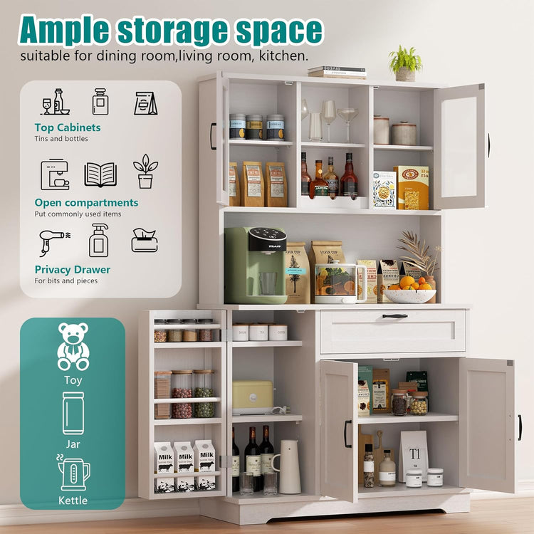Vongrasig Tall Pantry Cabinet, Kitchen Pantry Storage Cabinet with Microwave Stand,Farmhouse Kitchen Hutch with Adjustable Shelves for Living Room, Dining Room, White