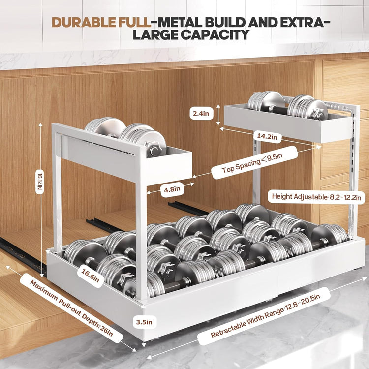 Expandable Under Sink Organizer with 3 Ball-Bearing Slide Rails, 2-Tier Pull-Out Under Cabinet Storage Shelf for Kitchen & Bathroom, Height-Adjustable Slide-Out Cabinet Drawer (White, 1-Pack)