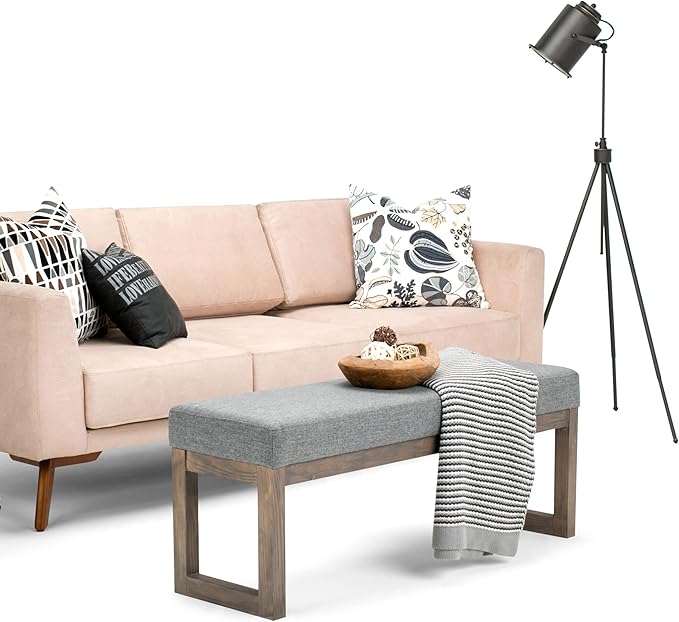 SIMPLIHOME Milltown Large Ottoman Bench - 44 inch Wide Upholstered Linen Look Fabric Rectangle Footstool Ottoman in Grey, Contemporary Bench for Bedroom or Entryway with Cushioned Seat, Assembled