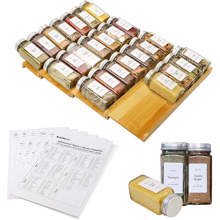 Spice Drawer Organizer with 28 Spice Jars and 216 Labels