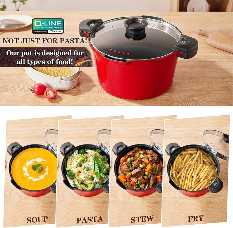 ACTIV CUISINE 8.5qt Pasta Pot with Strainer Lid, Cast Aluminum Stockpot Multipot, Nonstick Ceramic Coating make Cleanup easy with Tempered Glass Lid, Dishwasher Safe, Induction, Red