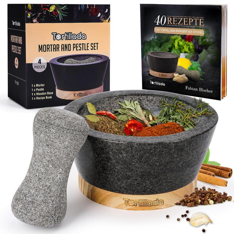 Tortillada β 6-inch Mortar and Pestle Set Large Made of Natural Granite with Anti-Scratch Wood Base Granite Spice Herb Grinder Pill Crusher with 50 Recipes, Black