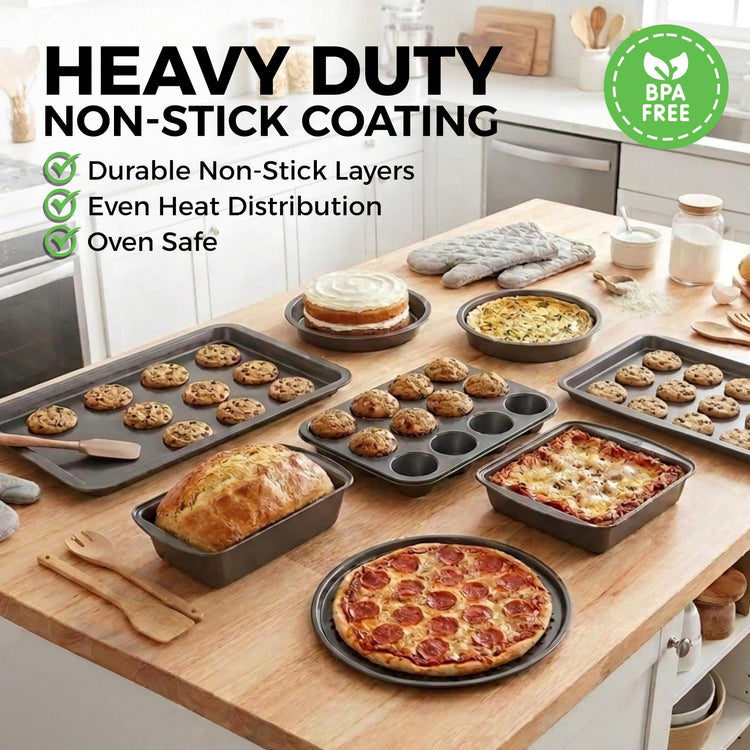 Non-Stick 8-Piece Bakeware Set – Carbon Steel with Even Heat Distribution, Oven Safe to 446°F, BPA-Free, Dishwasher Safe, Stackable Baking Tools for Easy Storage and Everyday Cooking - Gray