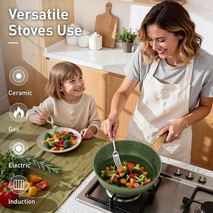DishDelight Induction Pots and Pans Set Non Stick, 12 Piece Nonstick Induction Granite Kitchen Cookware Sets, Induction Cookware Nonstick Granite Cooking Set, PFOA&PFOS Free, Green