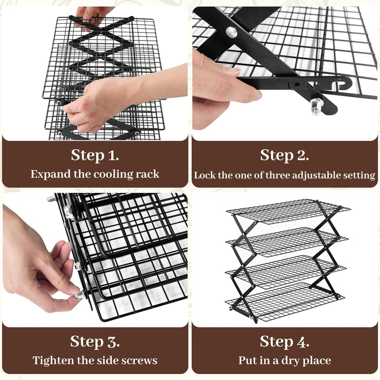 Pleafind 4 Tier Collapsible Cooling Rack - 3 Setting Design, Adjustable & Stackable Baking Rack, 5 Modes Cooling Racks for Cooking and Baking, Roasting & Grilling Gifts for Picnic Party