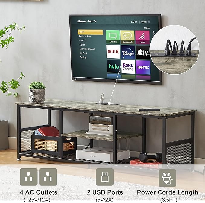 VECELO TV Stand with Power Outlets for Televisions up to 80Inch, 70" Media Entertainment Center with Charging Station 3-Tier Open Storage Shelves with Metal Frame for Living Room/Bedroom,Grey