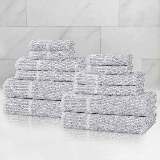 Superior Juno Viscose Cotton Blend Medium Weight Towels, for Bathroom, Shower, Spa, Plush, Quick Dry, Ultra-Soft Towels, Bath Essentials, Border Detail, 12 Piece Assorted Towel Set, Denim Blue