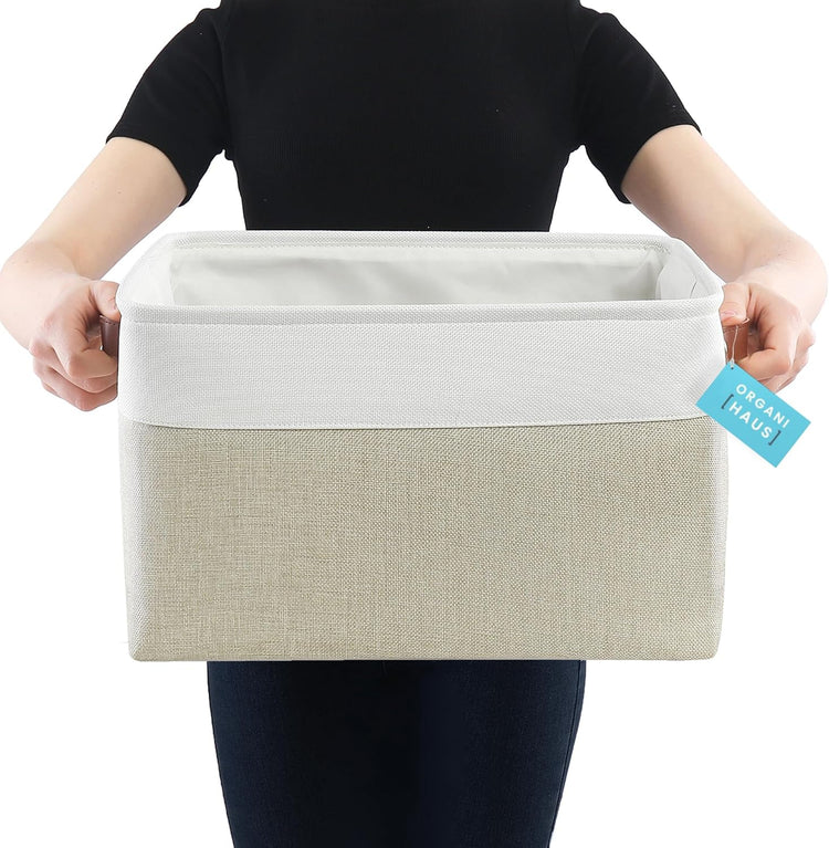 OrganiHaus Extra Large Fabric Storage Bins for Shelves 16x13in, Closet Storage Baskets for Shelf Organizing, Canvas Rectangle Bins for Organization, Linnen Baskets for Organizing - Beige/Off-White